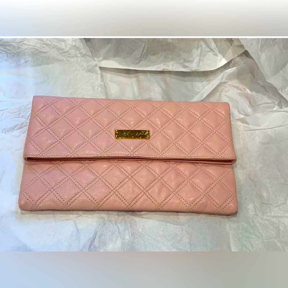 Marc Jacobs Leather Quilted Baroque Eugenie Fold Over Clutch Baby Pink 7x11.5”